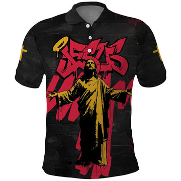 Jesus Graffiti Design Polo Shirt Crowned Portrait and Urban Street Art Style in Red Yellow Black Theme TS04