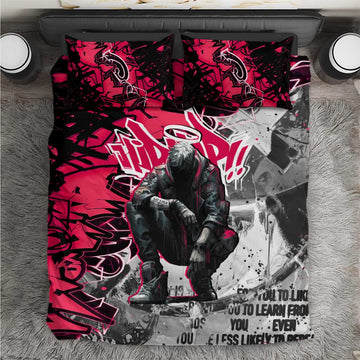 Hip Hop Graffiti Design Bedding Set Sitting Hooded Figure and Red Black Street TS04