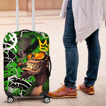 Graffiti Street Art Luggage Cover Smoking Ape Character and Neon Crown Symbols in Green and Yellow Graphic Design TS04