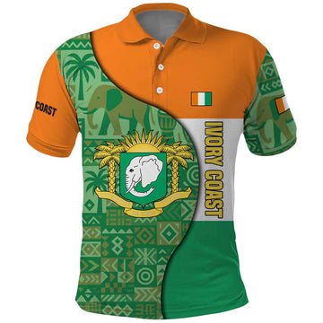 Ivory Coast Polo Shirt with Elephant Crest and Tribal Pattern Design TS04