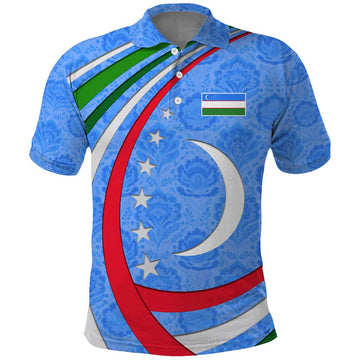 Uzbekistan Polo Shirt with Crescent Star and Ornamental Swirl Design TS04