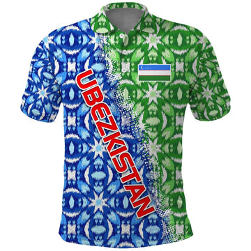 Uzbekistan Polo Shirt with Ikat Pattern and National Coat of Arms Design TS04