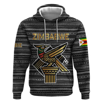 Zimbabwean Bird Statue Hoodie Tribal Pattern with National Flag Patch and Heritage Symbol TS04