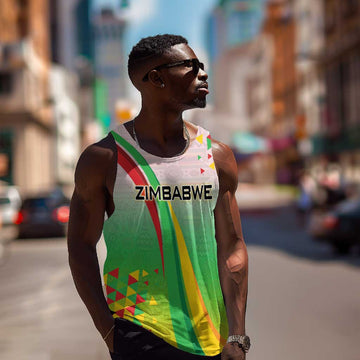 Vibe Zimbabwe Men Tank Top Tribal-Inspired Background with Geometric Flag Color Design TS04