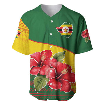 Zimbabwe Flag Map Baseball Jersey African Tribal Pattern Red Hibiscus Flowers TS04