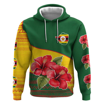 Zimbabwe Flag Map and Red Hibiscus Flowers Hoodie with African Tribal Pattern TS04