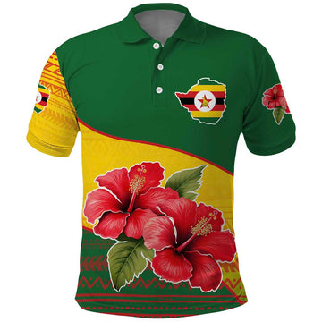 Zimbabwe Flag Map and Red Hibiscus Flowers Polo Shirt with African Tribal Pattern TS04