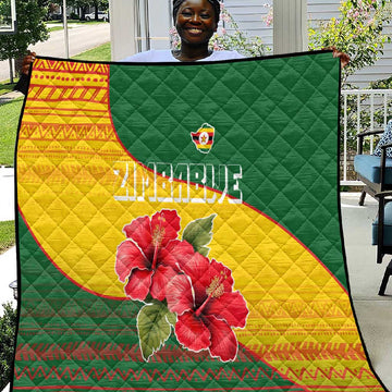 Zimbabwe Flag Map Quilt African Tribal Pattern Red Hibiscus Flowers TS04