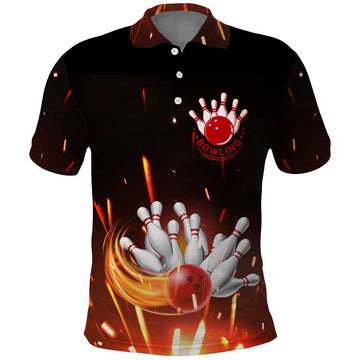 Personalized Bowling Ball and Pins Polo Shirt Fiery Motion Trail and Spark Effect Design TS04
