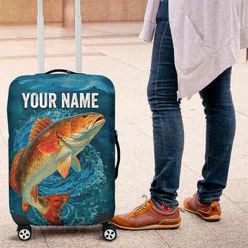 Personalized Redfish Puppy Drum Leaping in Ocean Splash Luggage Cover Blue Lightning Water Background Design TS04