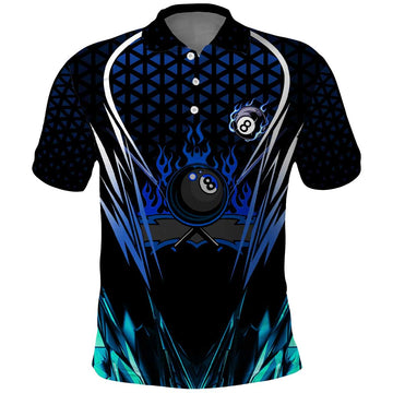 Billiards Design Polo Shirt with Blue Flame Eight Ball and Lightning Pattern in Black Cyan Gradient Background TS04