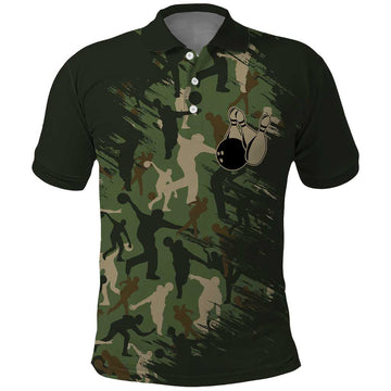 Bowling Camouflage Pattern Polo Shirt with Ball and Pins Graphic in Army Green and Beige Brushstroke Design TS04