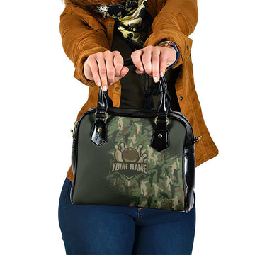 Bowling Camouflage Pattern Shoulder Handbag with Ball and Pins Graphic in Army Green and Beige Brushstroke Design TS04