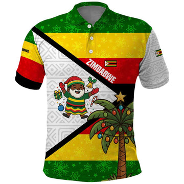 Zimbabwe Christmas Polo Shirt with Festive Santa Palm Tree and Red Yellow Green Flag TS04