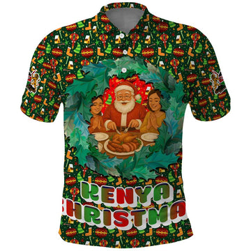 Kenya Christmas Polo Shirt with Santa Feast Scene and Festive Wreath Pattern TS04