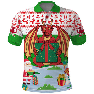 Wales Christmas Polo Shirt with Red Dragon Gift and Holiday Crest Snow Scene TS04