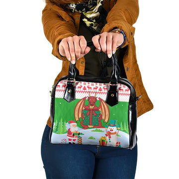 Wales Christmas Shoulder Handbag with Red Dragon Gift and Holiday Crest Snow Scene TS04