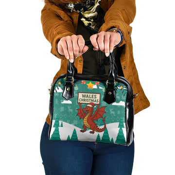 Wales Christmas Shoulder Handbag with Red Dragon Santa Sleigh and Festive Green Snowflake TS04
