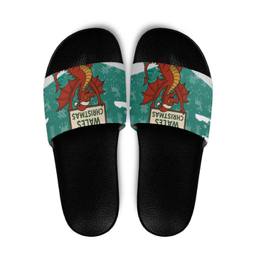 Wales Christmas Slide Sandals with Red Dragon Santa Sleigh and Festive Green Snowflake TS04