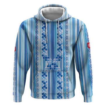 Tunisian Mosaic Pattern Hoodie with Blue Stripes and Traditional Tile Design TS04