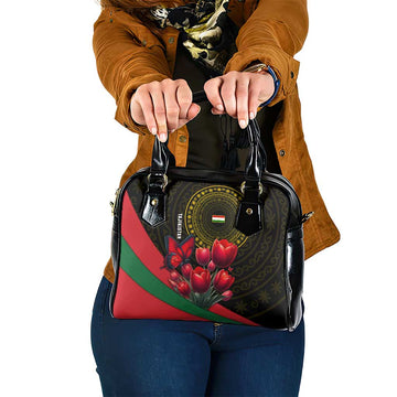 Tajikistan Shoulder Handbag Tulip with Red Floral Butterfly with Black Gold Folk Pattern TS04