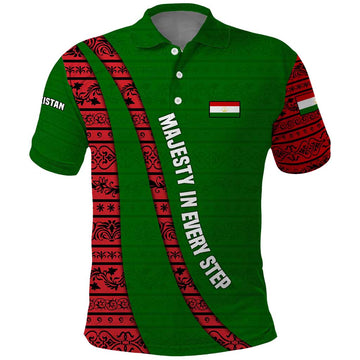 Tajikistan Green Lion Polo Shirt with Red Folk Pattern with Majestic Script TS04