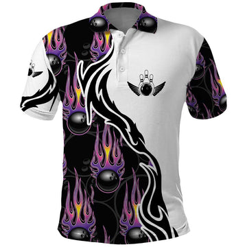 Personalized Bowling Flame Polo Shirt Black and White Split Pattern and Purple Fireball Graphics TS04