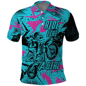 Personalized Ride Like a Girl Polo Shirt Motocross Graphic and Turquoise Pink Graffiti Design TS04