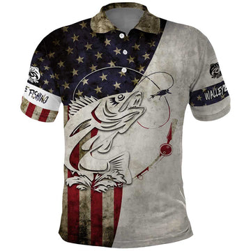 Walleye Fishing Polo Shirt American Flag Vintage Design and Custom Name Option TS04