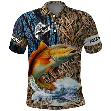 Redfish Splashing in Marsh Grass Polo Shirt Custom Name and Nature Background Design TS04