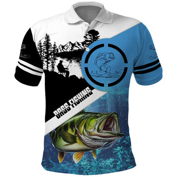 Largemouth Bass Fishing Underwater Graphic Polo Shirt Mountain Silhouette and Custom Name Design TS04