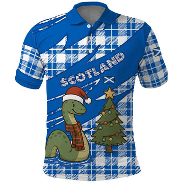 Scotland Christmas Polo Shirt with Nessie Santa Hat and Blue Tartan Tree TS04