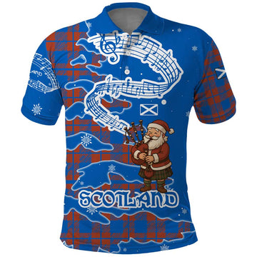 Scotland Christmas Polo Shirt with Santa Playing Bagpipes and Blue Red Tartan Music Notes TS04