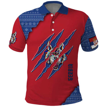 Serbia Polo Shirt with Balkan Gray Wolf, Claw Marks, and Flag Sleeve Design TS04