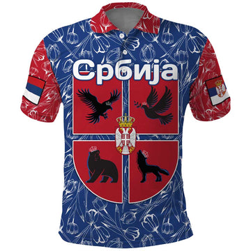 Serbia Polo Shirt with Royal Animal Crest and Tulip Floral Blue Background TS04