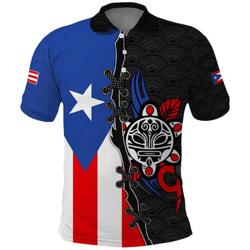 Puerto Rico Polo Shirt with Tribal Sun Symbol and Flag Color Block Design TS04