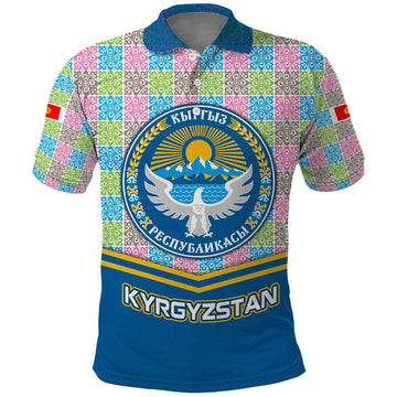 Kyrgyzstan Colorful Patchwork Pattern Polo Shirt with National Crest and Flag Accents TS04
