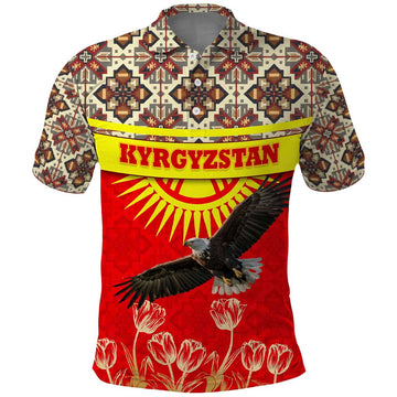 Kyrgyzstan Eagle and Tulip Polo Shirt with Red Ethnic Pattern with National Sun Emblem TS04