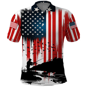Custom Flag American Fishing Polo Shirt Fish Silhouette in Grunge Patriotic TS04
