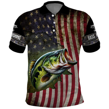 American Flag Largemouth Bass Fishing Polo Shirt Jumping Fish Graphic and Custom Name Design TS04