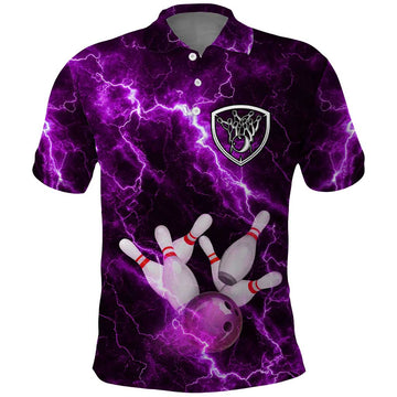 Bowling Ball and Pins Polo Shirt Purple Lightning Background and Custom Name Design TS04