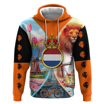 Dutch Lion Design Hoodie with Tulips Windmills Bicycles and Coat of Arms TS04