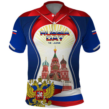 Russia Day Polo Shirt with Kremlin Illustration, National Emblem, and Flag Stripes TS04