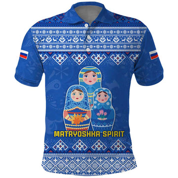 Russia Matryoshka Spirit Polo Shirt with Folk Pattern and Double-Headed Eagle Emblem TS04