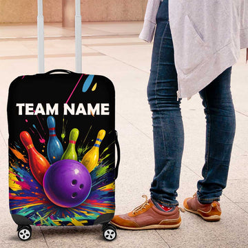 Custom Bowling Strike Design Luggage Cover Colorful Pins and Purple Ball in Abstract Splatter Art Style TS04