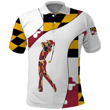 Golf Player Silhouette Polo Shirt Maryland Flag Pattern and Custom Name Panel Design TS04