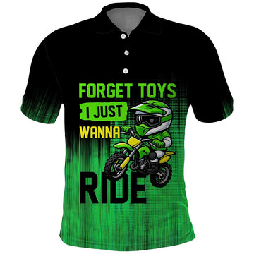 Green Dirt Bike Rider Polo Shirt Forget Toys I Just Wanna Ride Quote and Custom Racing Name Design TS04