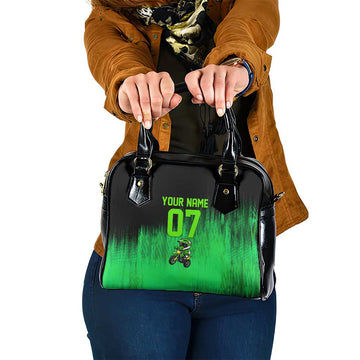 Green Dirt Bike Rider Shoulder Handbag Forget Toys I Just Wanna Ride Quote and Custom Racing Name Design TS04