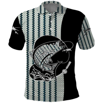 Striped Bass Jumping Graphic Polo Shirt Rod Reel and Airplane on Fish Scale Pattern TS04