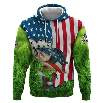 American Flag Bass Fishing Design Hoodie with Largemouth Bass and Green Grass Background TS04